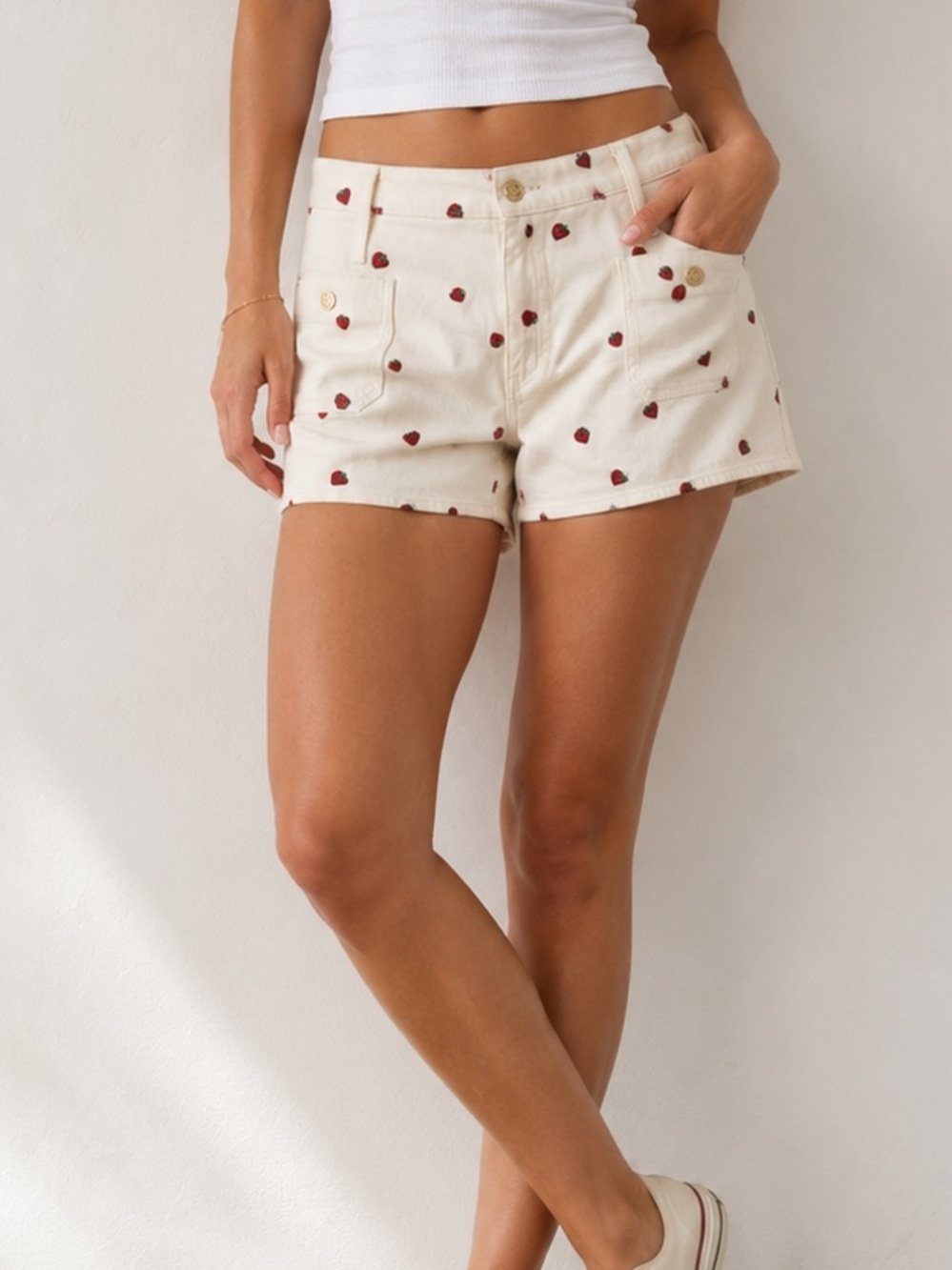 J. Crew White Denim Shorts with Red Strawberry Print